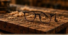 Eyeglasses resting on a woodworking bench